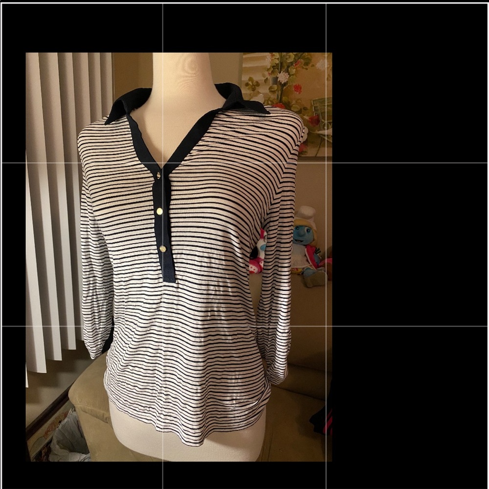 Ann Taylor Navy Blue White stripes/silver buttons - Picture 1 of 8